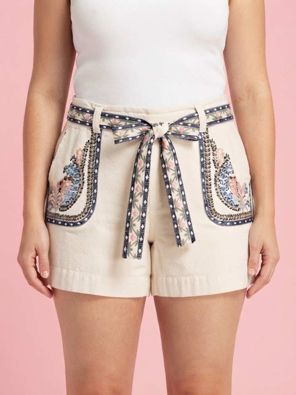 Embroidered Tie-Waist Shorts